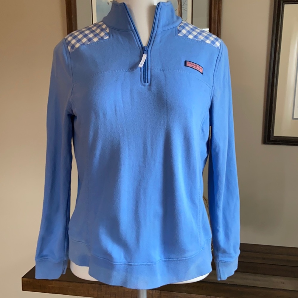 Vineyard Vines Light Blue Quarter-Zip Pullover with Gingham Accents